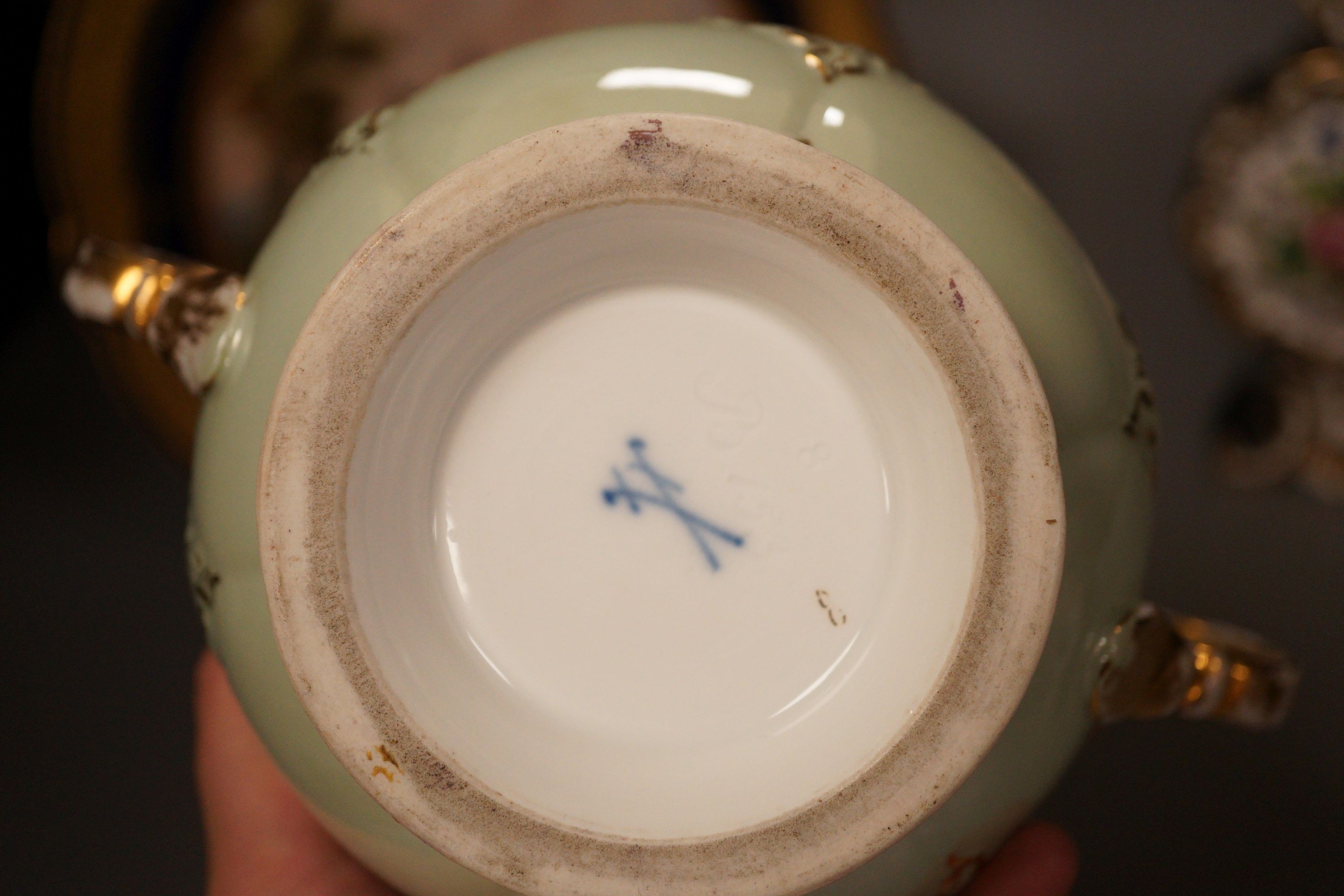 A 19th century Meissen sucrier, a Sevres style Chateau de Chambord plate and a pair of Paris porcelain scent bottles